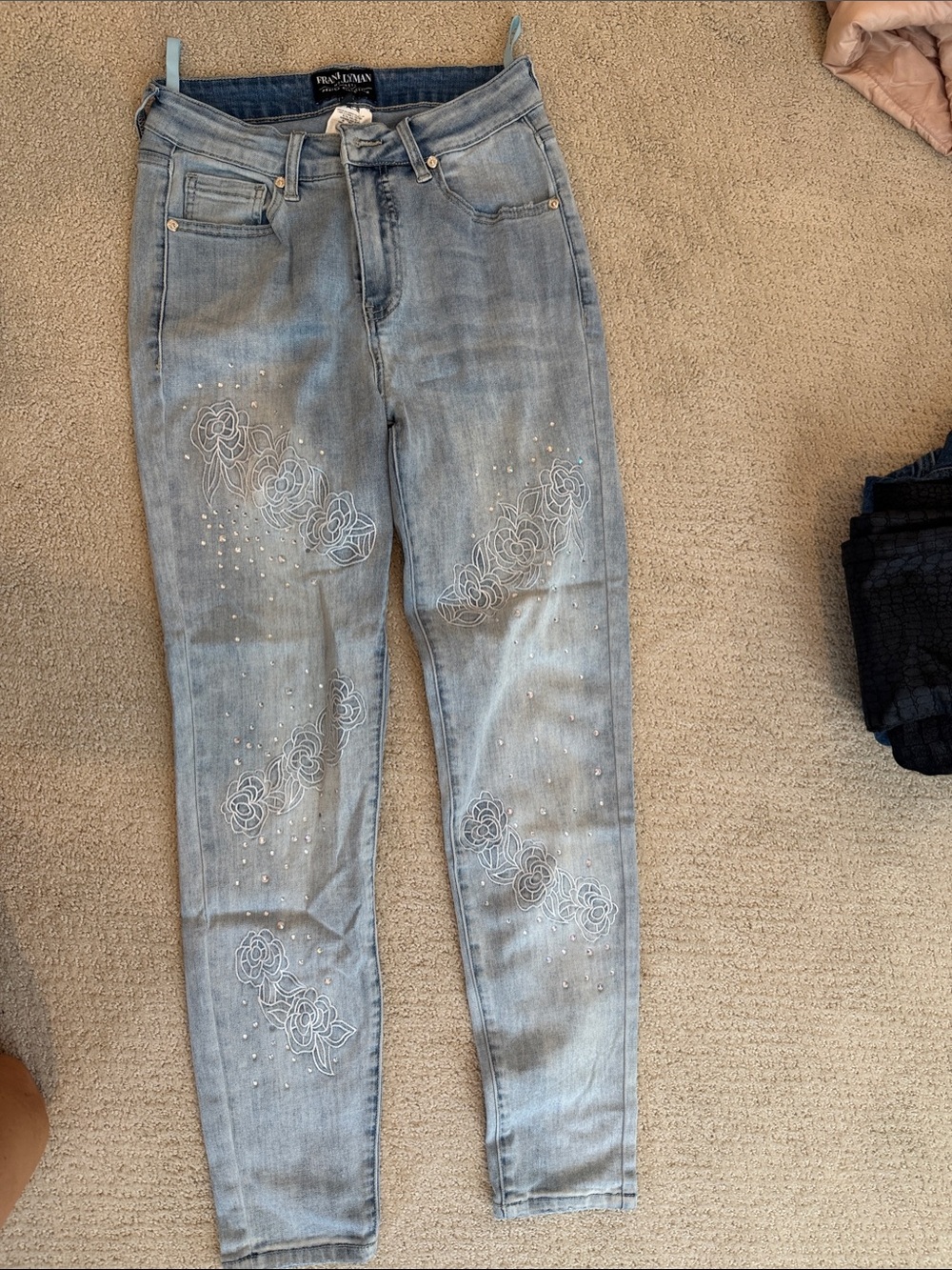 Frank Lyman  Light Wash Embroidered crystal Floral Jeans - Light Blue